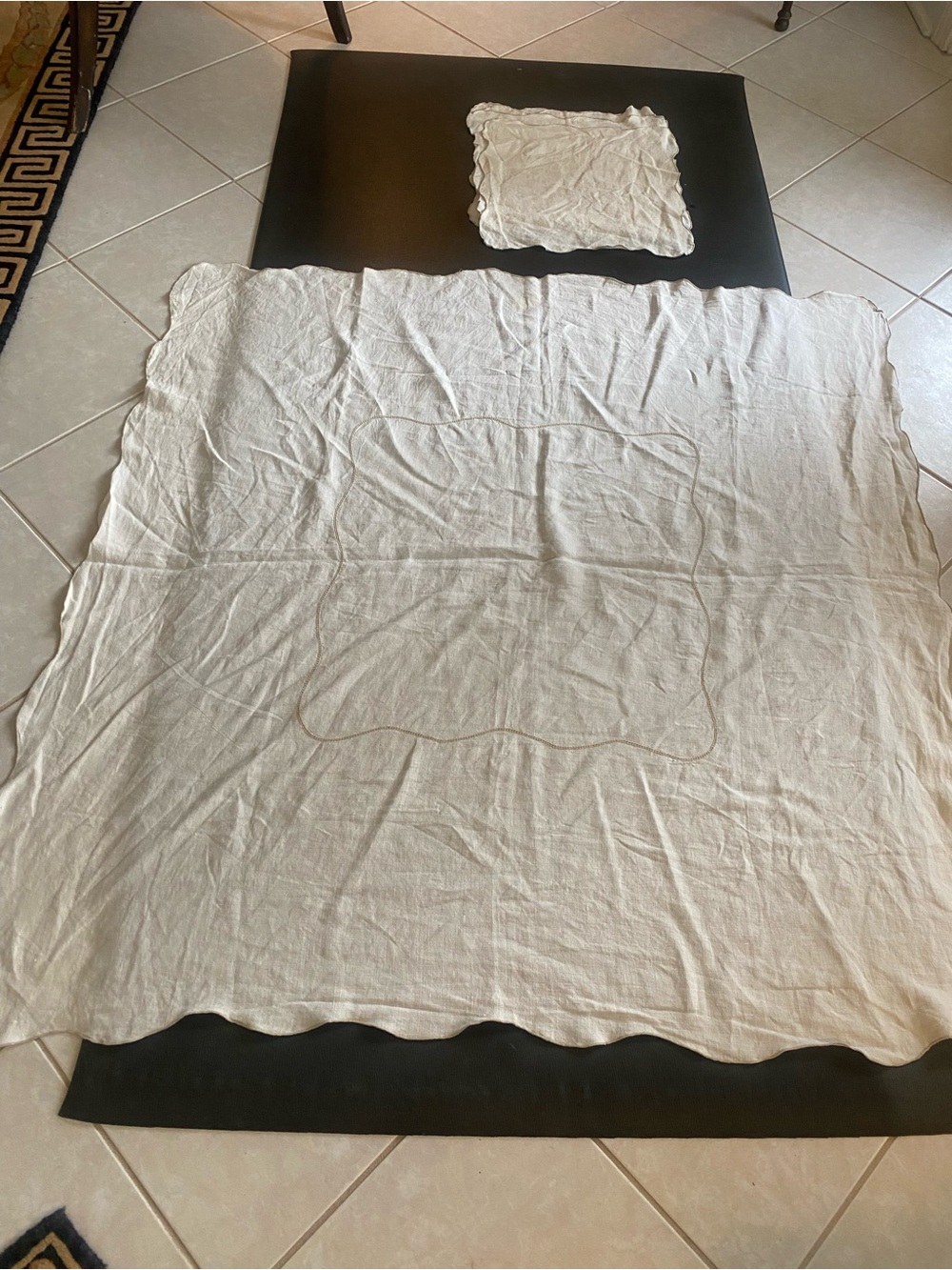 Vintage light taupe scalloped edge tablecloth with 4 napkins . 48 x 48
